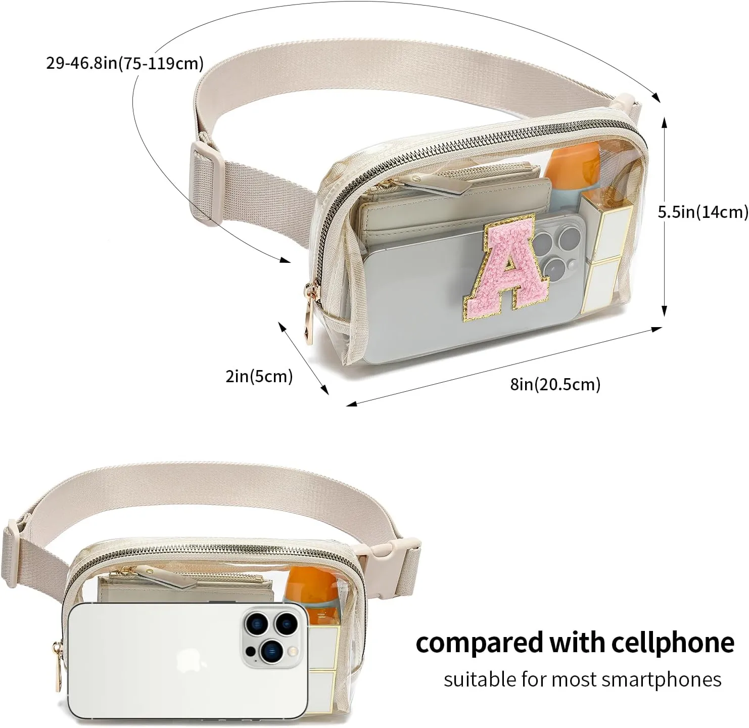 Clear Fanny Pack Belt Bag Stadium Approved for Women Men with Inital Letters Adjustable Strap Water-resistant Waist bag Clear Purse(Beige,A)