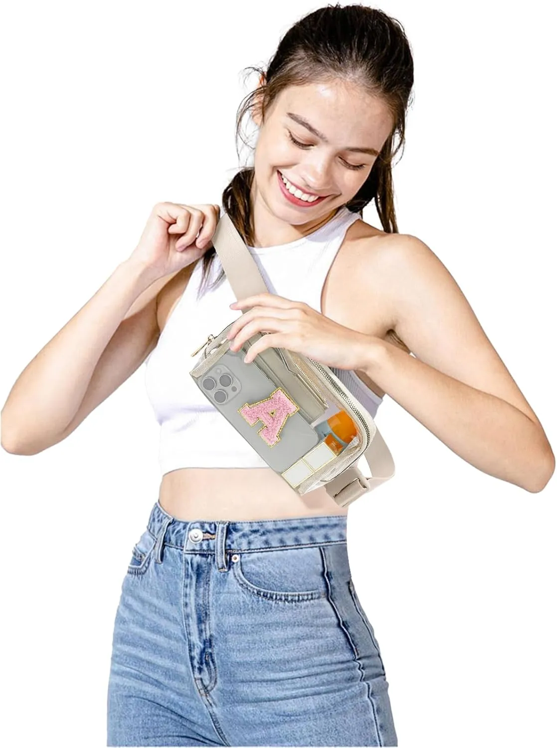 Clear Fanny Pack Belt Bag Stadium Approved for Women Men with Inital Letters Adjustable Strap Water-resistant Waist bag Clear Purse(Beige,A)