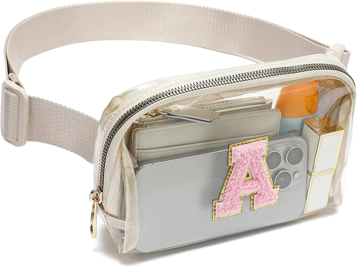 Clear Fanny Pack Belt Bag Stadium Approved for Women Men with Inital Letters Adjustable Strap Water-resistant Waist bag Clear Purse(Beige,A)