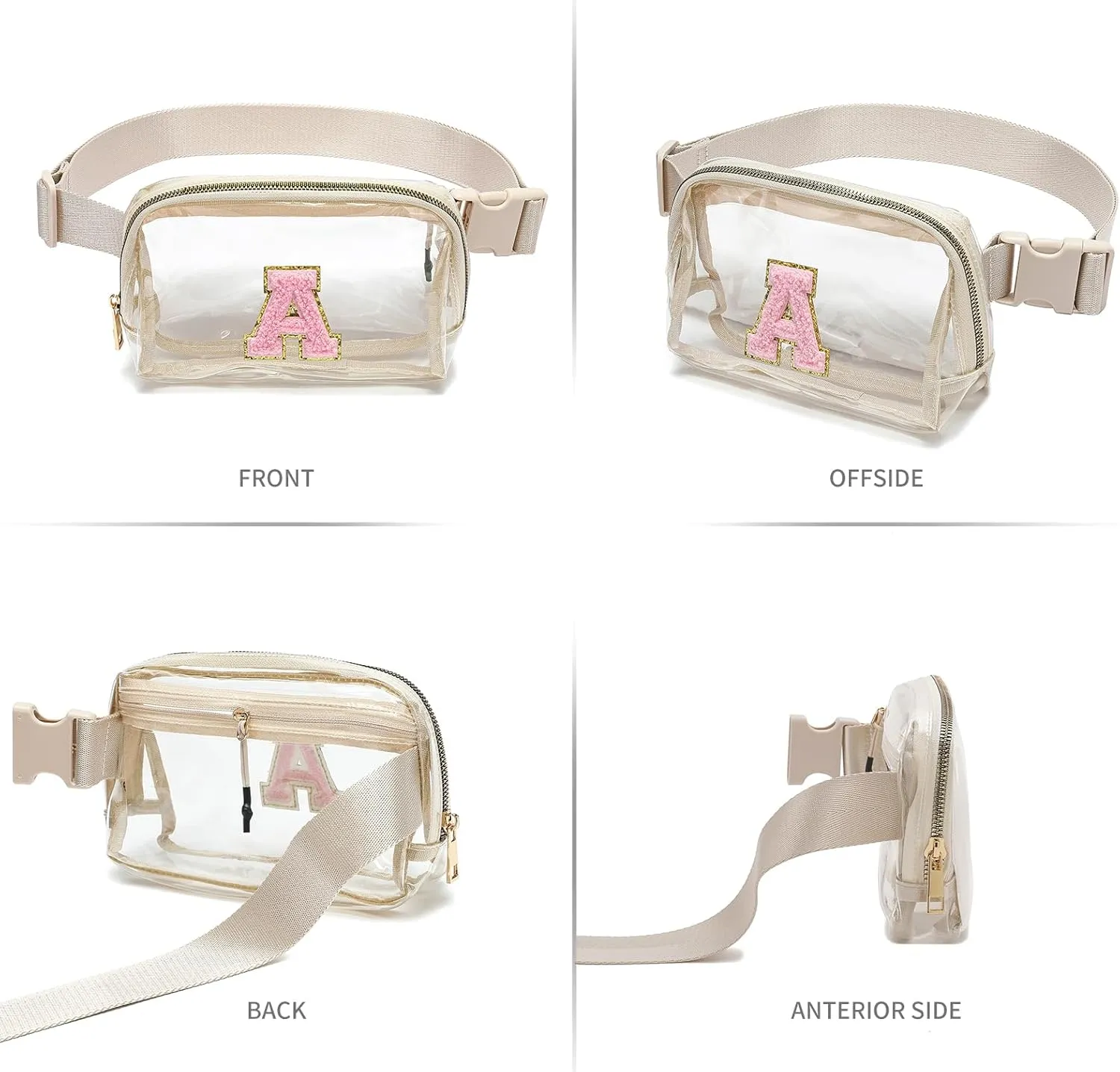 Clear Fanny Pack Belt Bag Stadium Approved for Women Men with Inital Letters Adjustable Strap Water-resistant Waist bag Clear Purse(Beige,A)