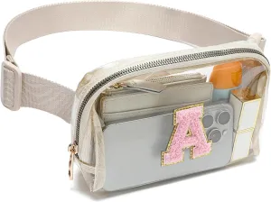 Clear Fanny Pack Belt Bag Stadium Approved for Women Men with Inital Letters Adjustable Strap Water-resistant Waist bag Clear Purse(Beige,A)