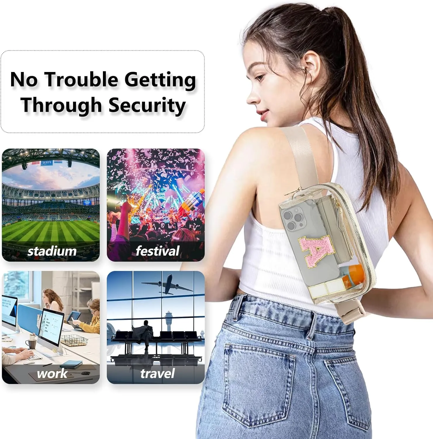 Clear Fanny Pack Belt Bag Stadium Approved for Women Men with Inital Letters Adjustable Strap Water-resistant Waist bag Clear Purse(Beige,A)
