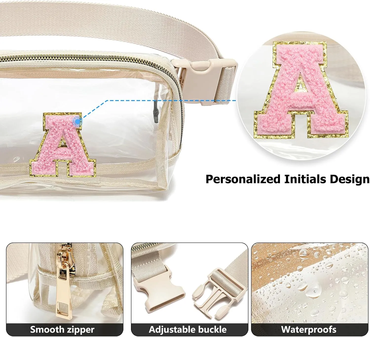 Clear Fanny Pack Belt Bag Stadium Approved for Women Men with Inital Letters Adjustable Strap Water-resistant Waist bag Clear Purse(Beige,A)