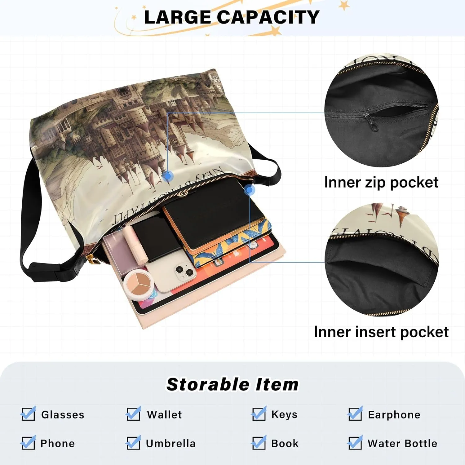 Colorful Geometrical Ornament with Stylized Large Crossbody Bag, Wide Strap Hobo Bag, Large Womens Crossbody Bag