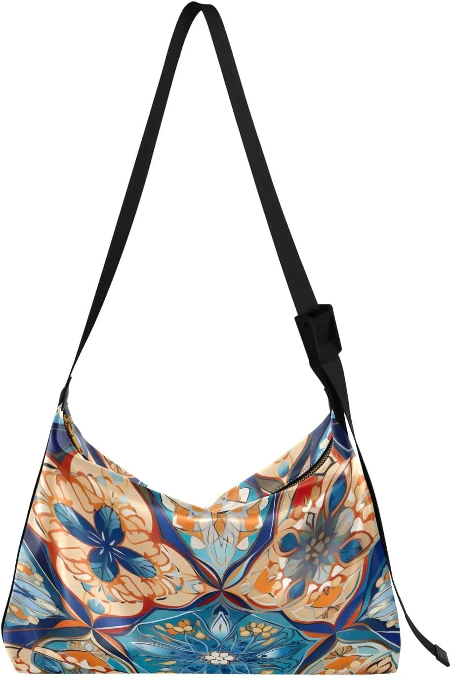 Colorful Geometrical Ornament with Stylized Large Crossbody Bag, Wide Strap Hobo Bag, Large Womens Crossbody Bag