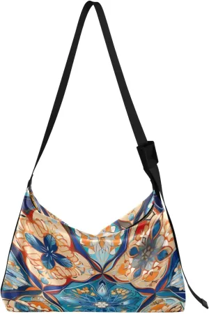 Colorful Geometrical Ornament with Stylized Large Crossbody Bag, Wide Strap Hobo Bag, Large Womens Crossbody Bag