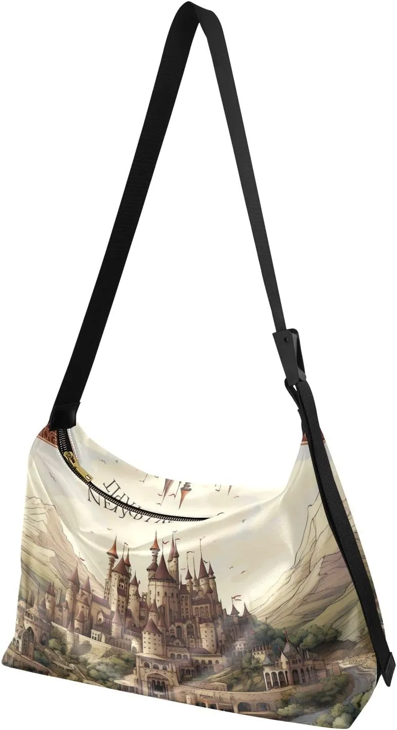 Colorful Geometrical Ornament with Stylized Large Crossbody Bag, Wide Strap Hobo Bag, Large Womens Crossbody Bag