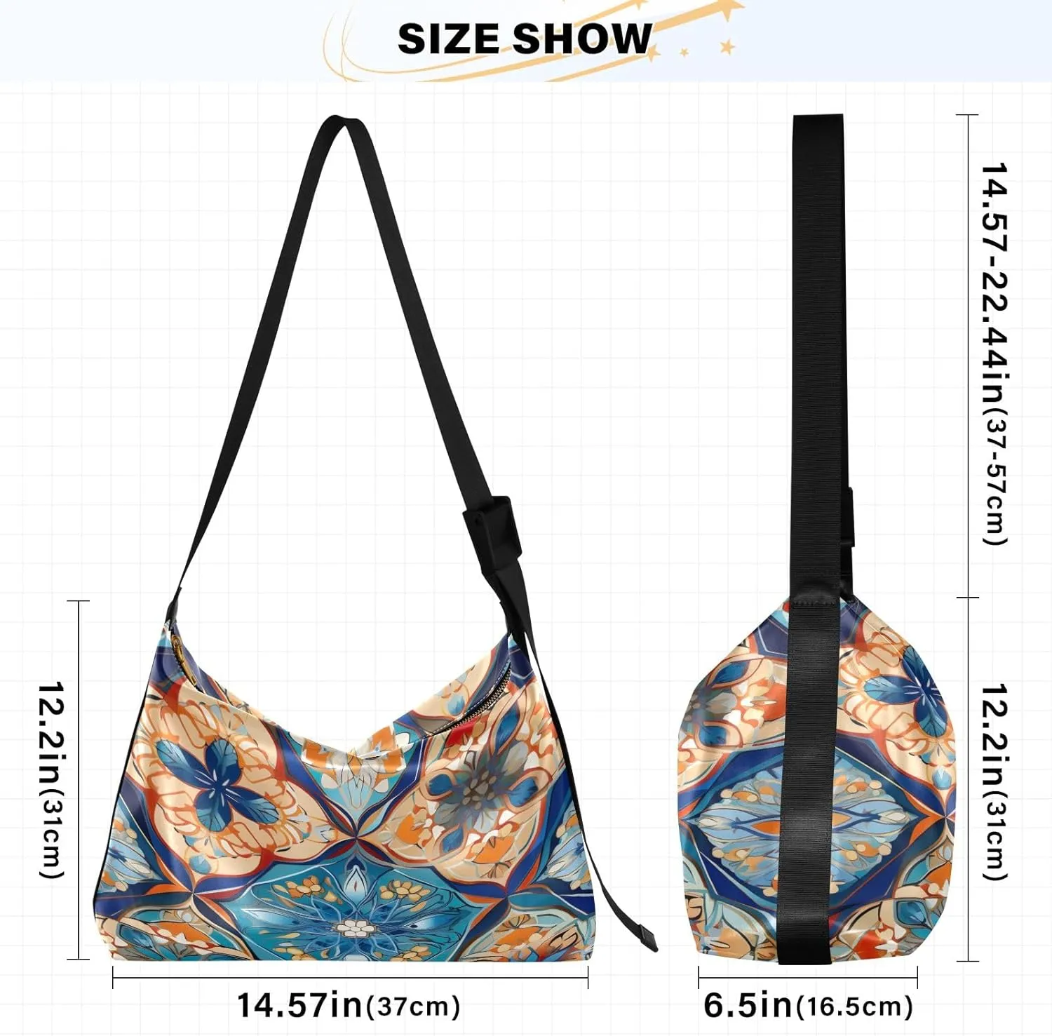 Colorful Geometrical Ornament with Stylized Large Crossbody Bag, Wide Strap Hobo Bag, Large Womens Crossbody Bag
