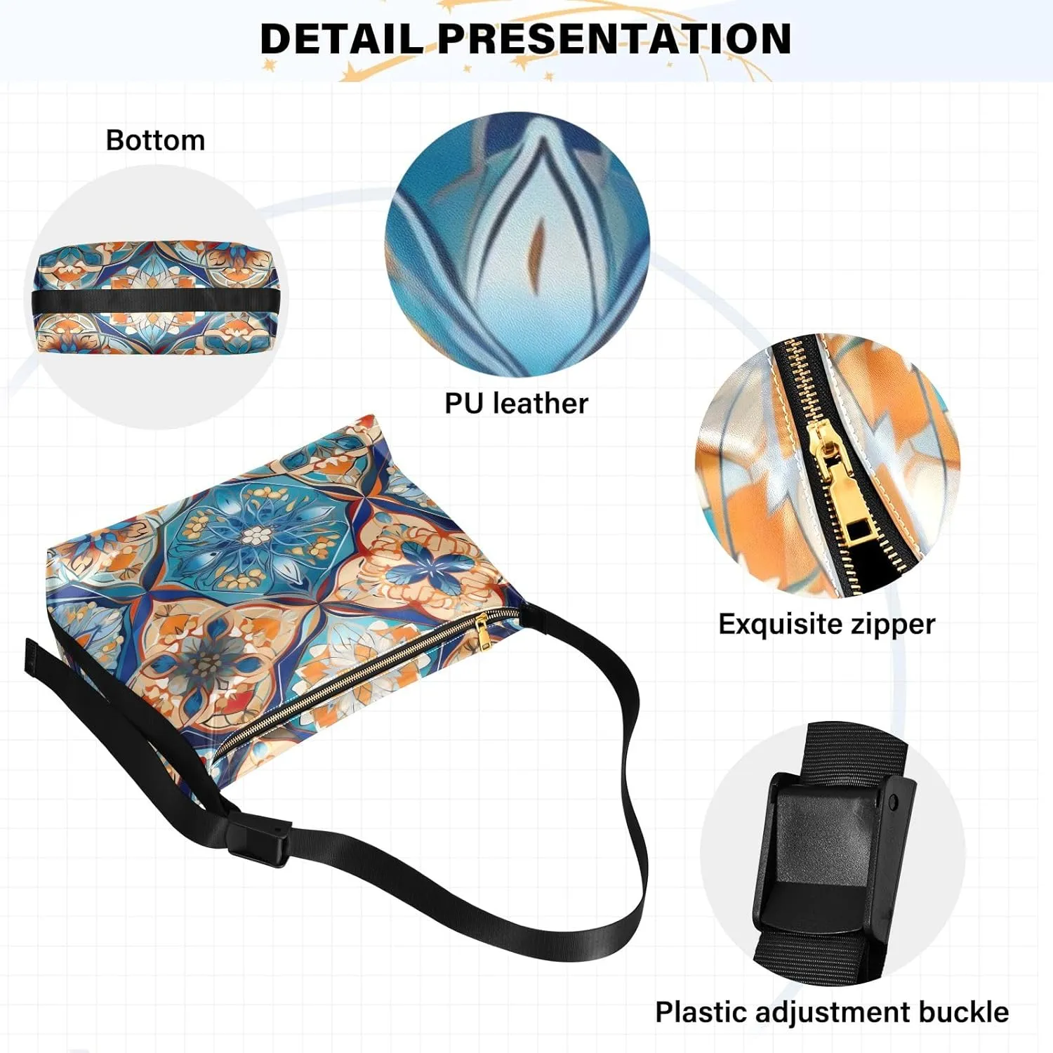 Colorful Geometrical Ornament with Stylized Large Crossbody Bag, Wide Strap Hobo Bag, Large Womens Crossbody Bag