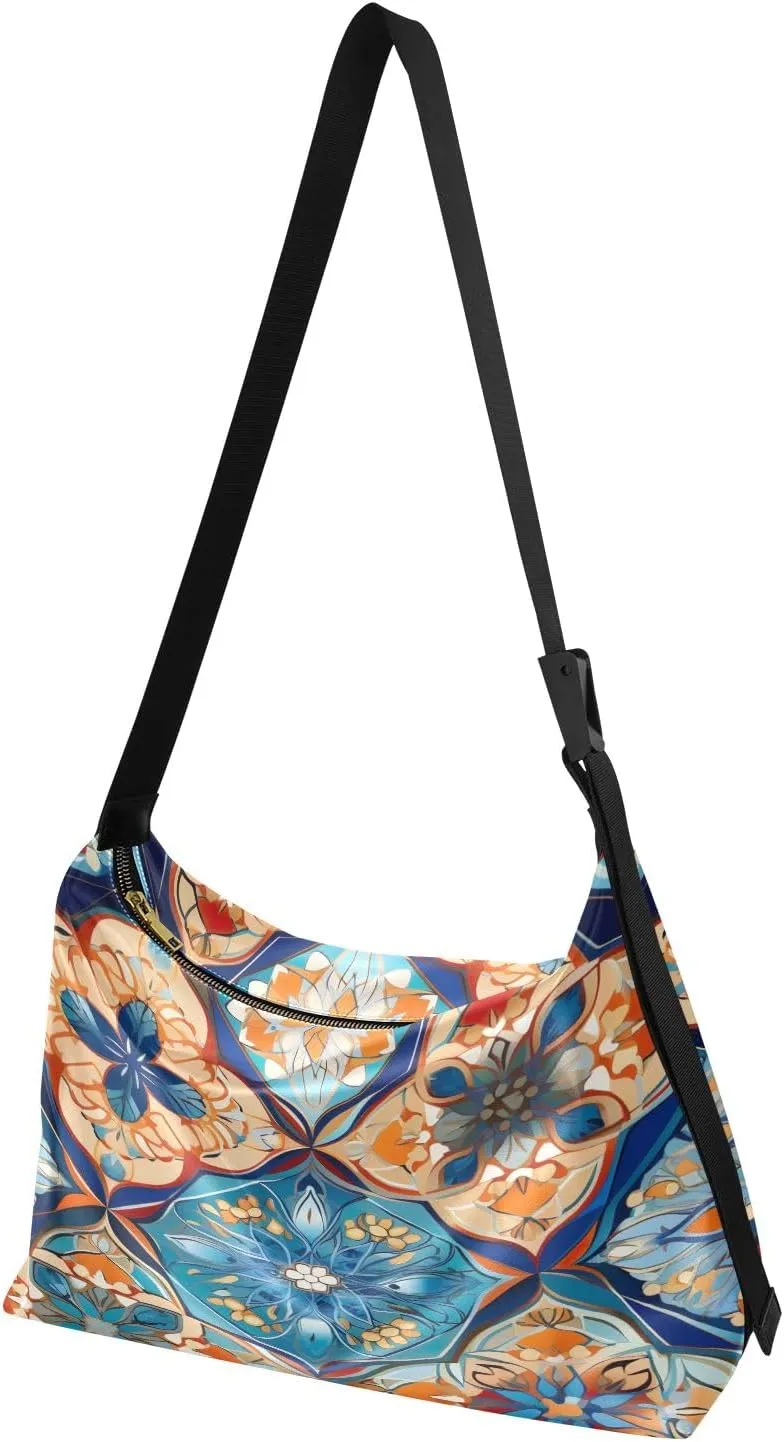 Colorful Geometrical Ornament with Stylized Large Crossbody Bag, Wide Strap Hobo Bag, Large Womens Crossbody Bag