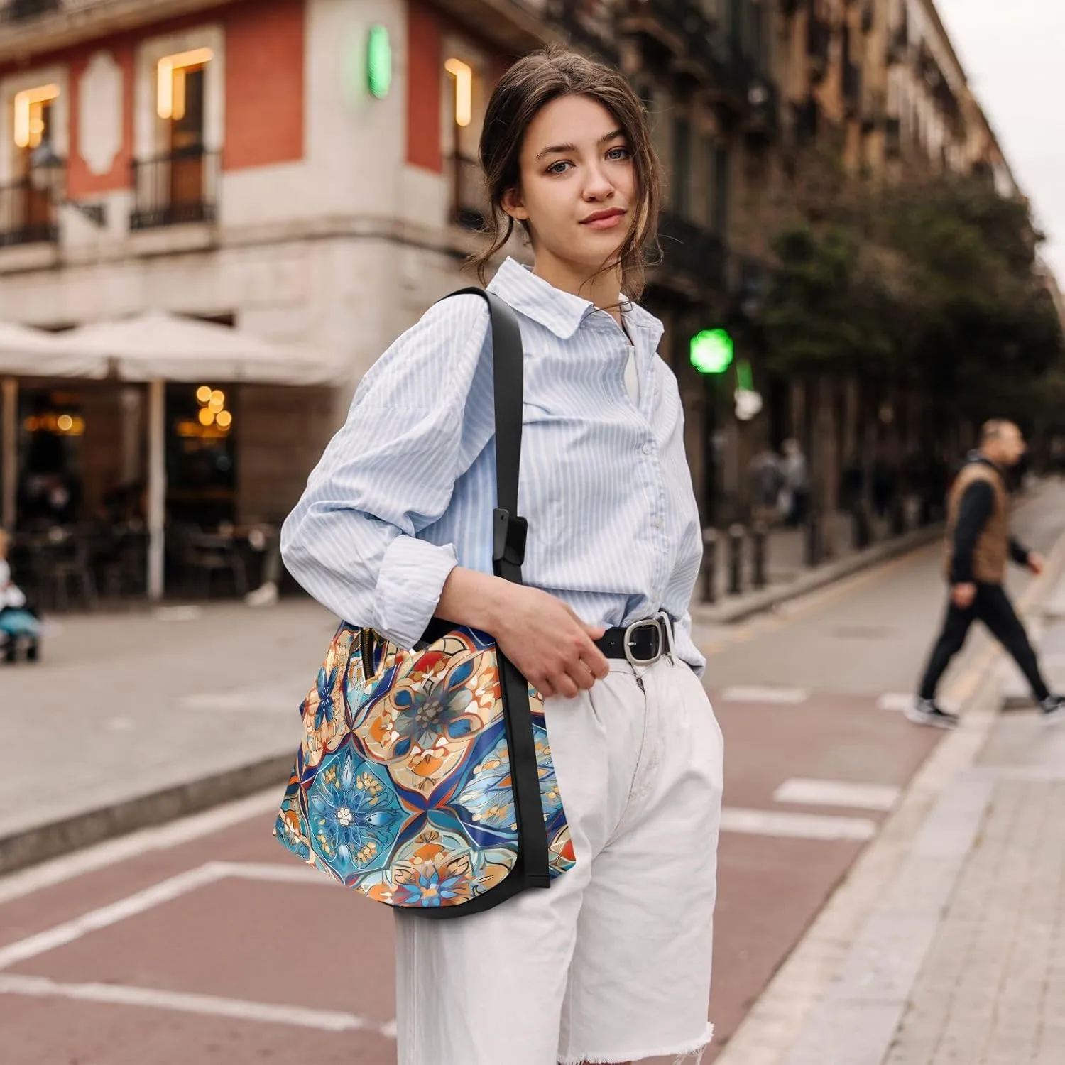 Colorful Geometrical Ornament with Stylized Large Crossbody Bag, Wide Strap Hobo Bag, Large Womens Crossbody Bag