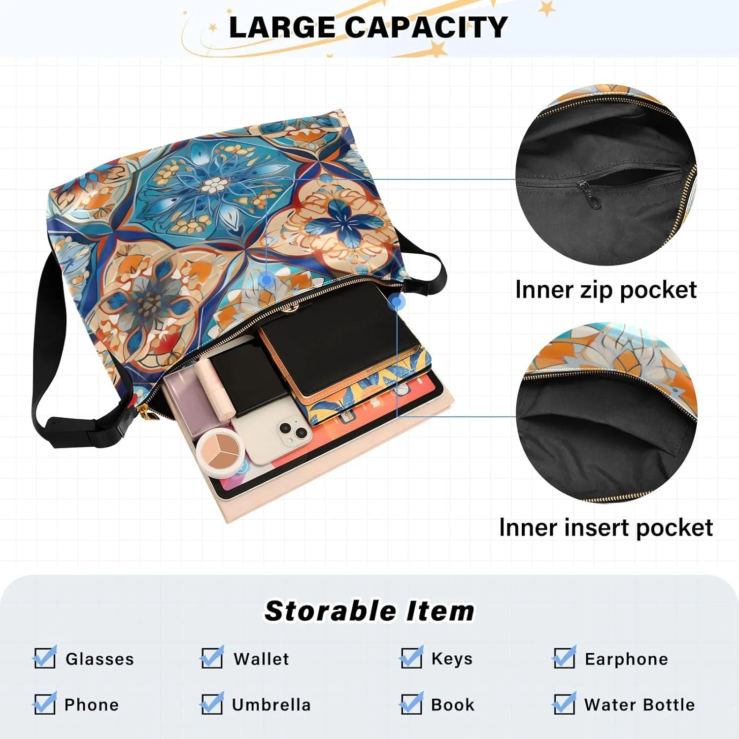 Colorful Geometrical Ornament with Stylized Large Crossbody Bag, Wide Strap Hobo Bag, Large Womens Crossbody Bag