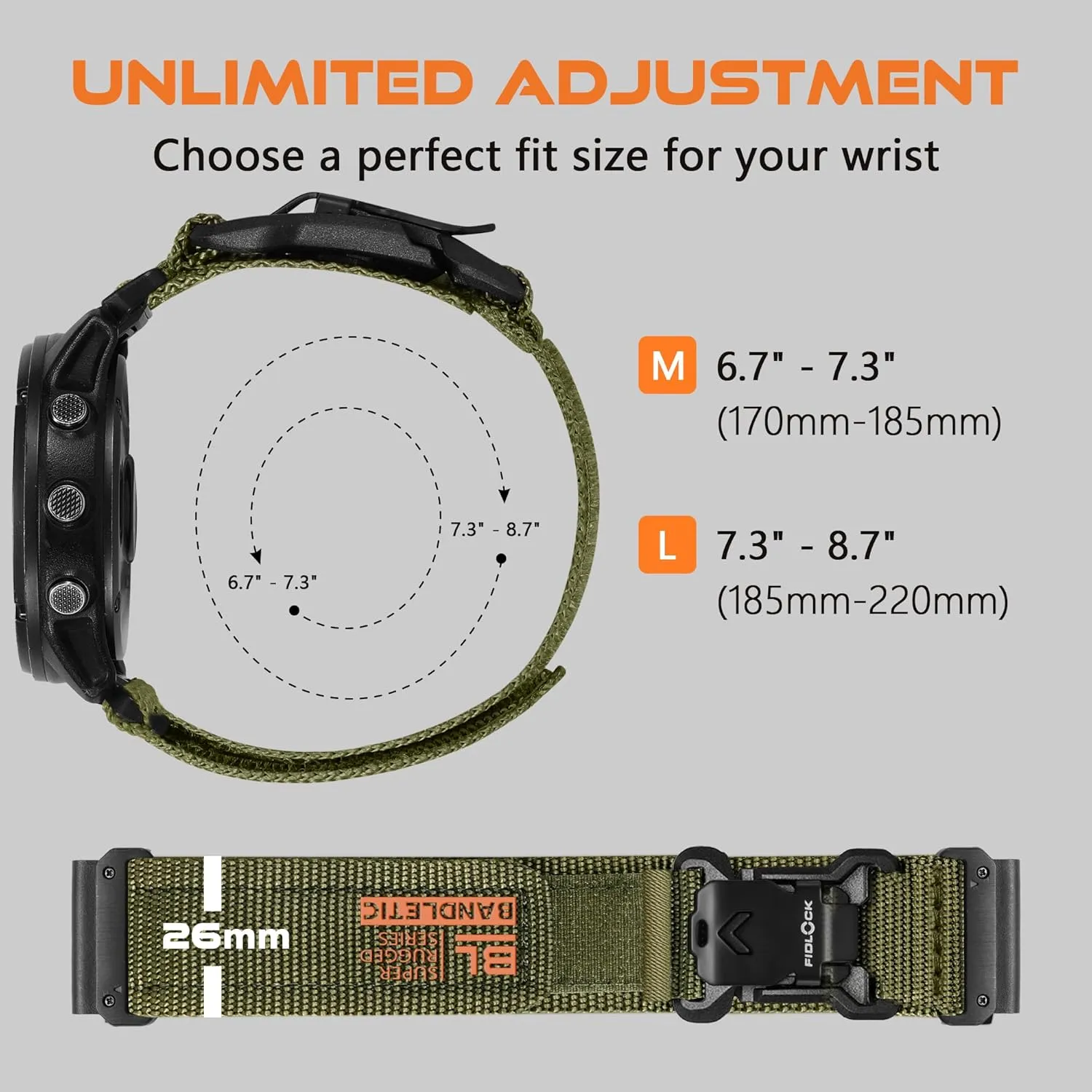 Compatible with Garmin Fenix 6X Pro Band - 26mm Quick Fit Rugged Strap with Magnetic Fidlock V-Buckle for Fenix 8 51mm/7X/7X Pro/6X/5X/5X Plus/3 HR/Tactix/Enduro/Instinct 2X/Quatix 3 6X 7X