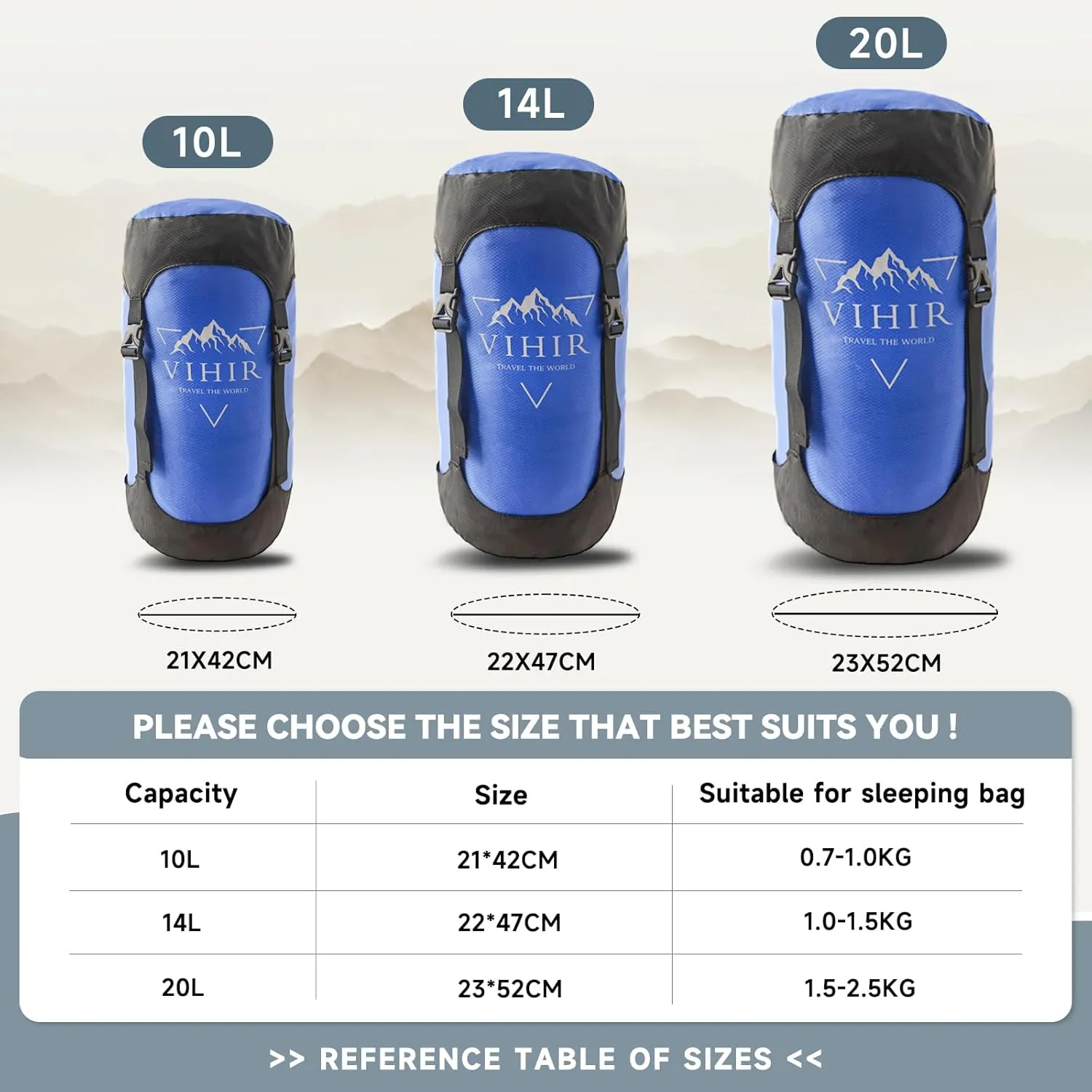 Compression Sack -Rainproof Design and Space Saving,Ultralight 10L/14L/20LSleeping Bag Stuff Sack for Hiking and Camping