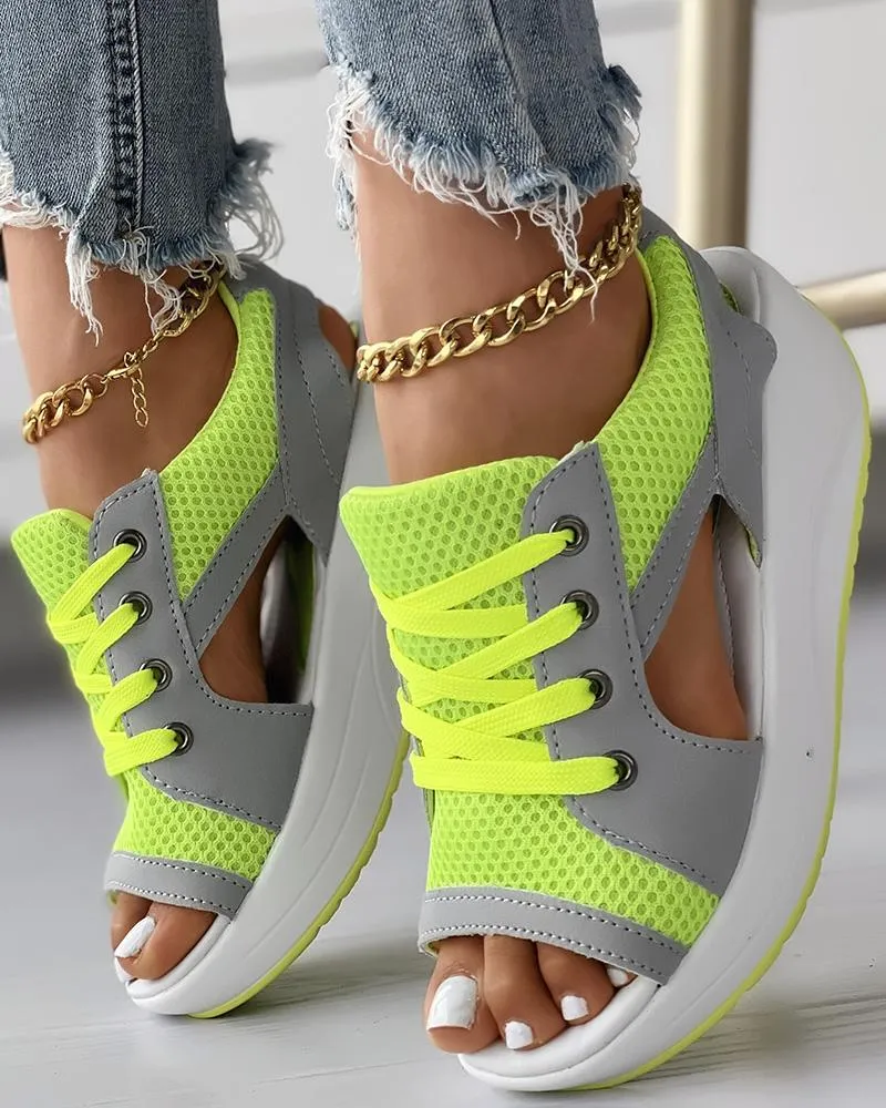 Contrast Paneled Cutout Lace up Muffin Sandals