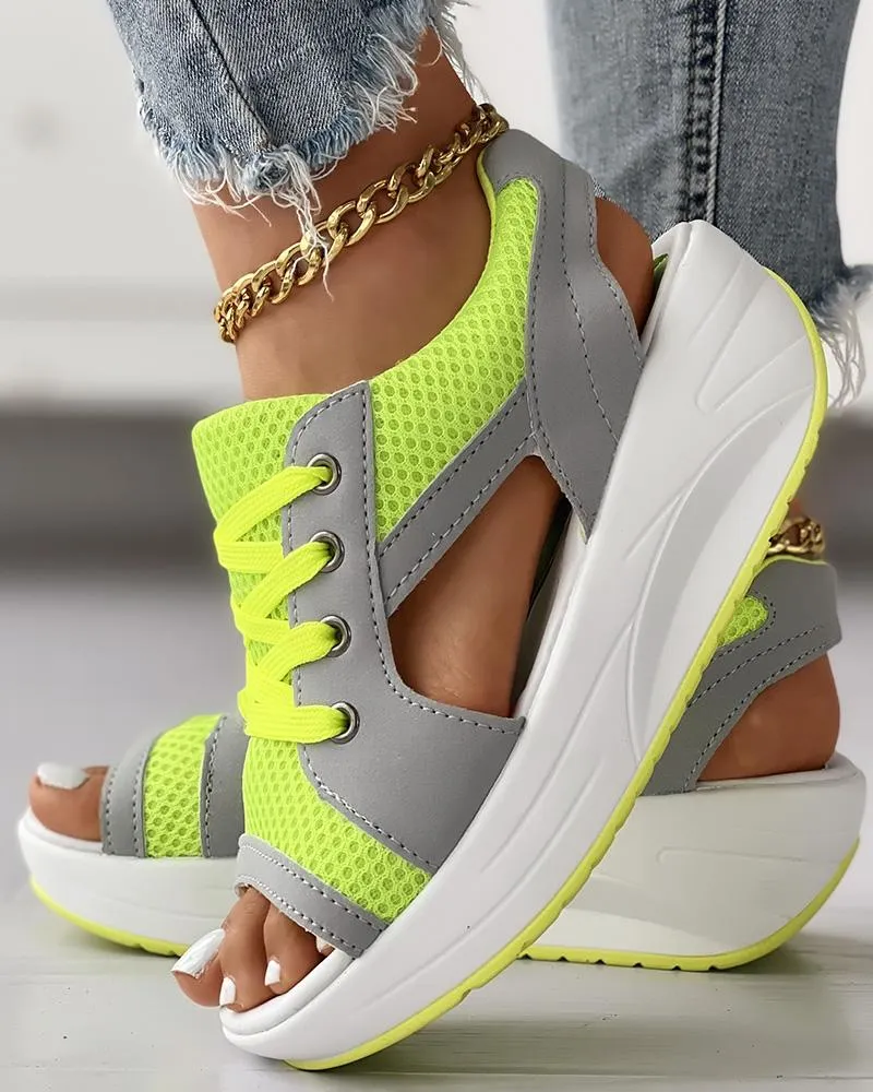 Contrast Paneled Cutout Lace up Muffin Sandals
