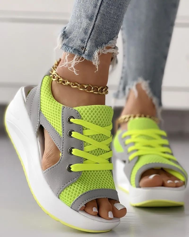 Contrast Paneled Cutout Lace up Muffin Sandals
