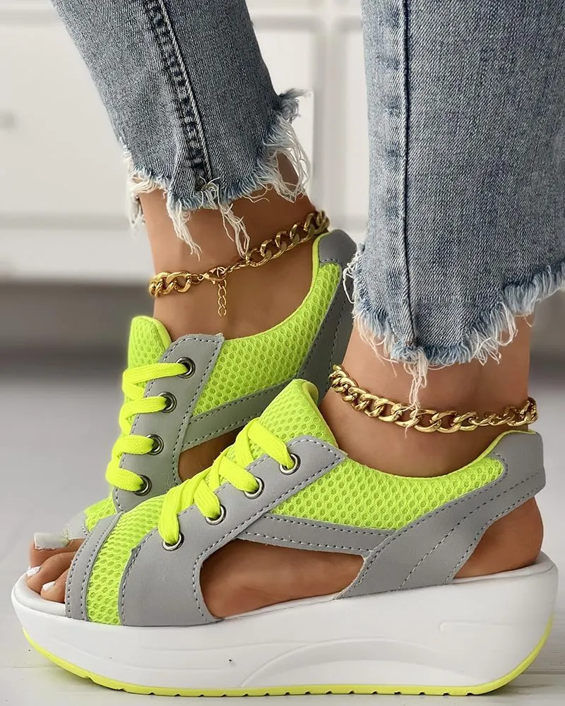 Contrast Paneled Cutout Lace up Muffin Sandals