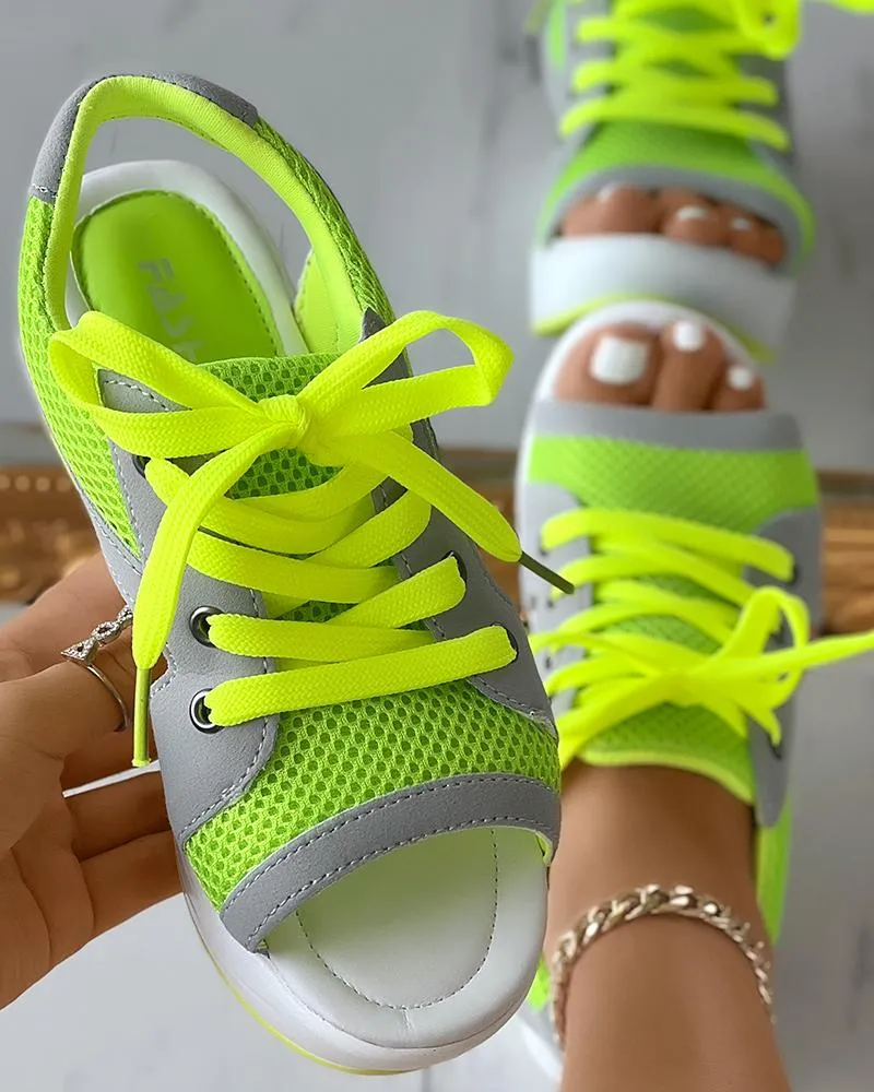 Contrast Paneled Cutout Lace up Muffin Sandals