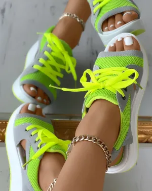Contrast Paneled Cutout Lace up Muffin Sandals