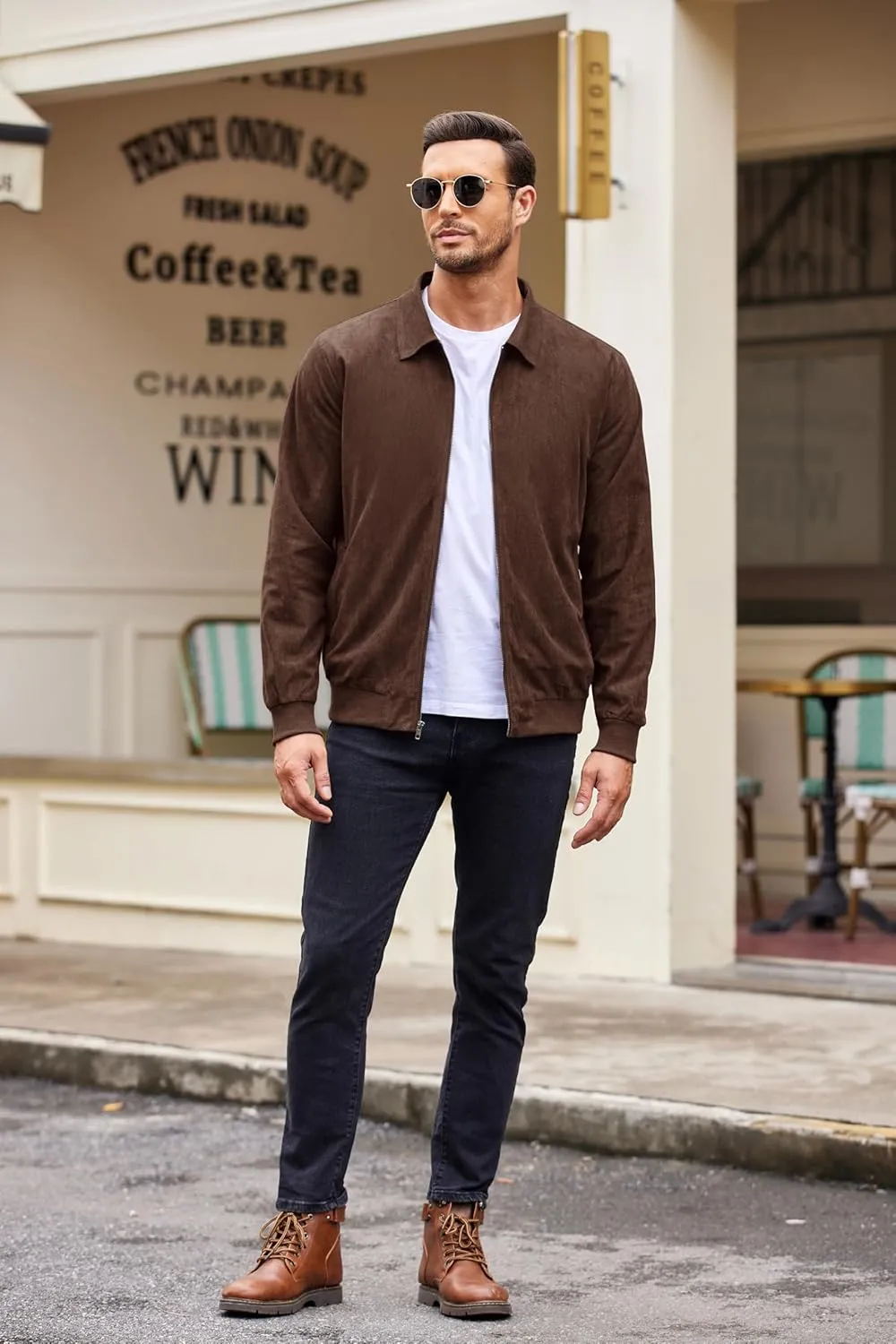 COOFANDY Men's Casual Suede Bomber Jacket Lightweight Full Zip Up Jackets Vintage Faux Leather Jacket
