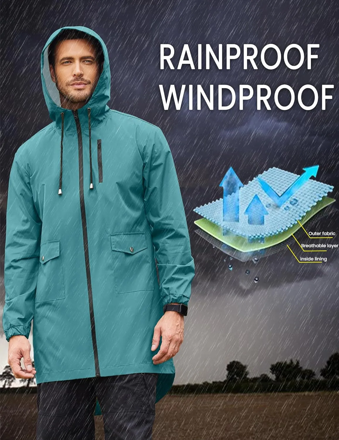 COOFANDY Men's Long Raincoat Ligtweight Rain Jacket Waterproof Outdoor Jackets with Hood