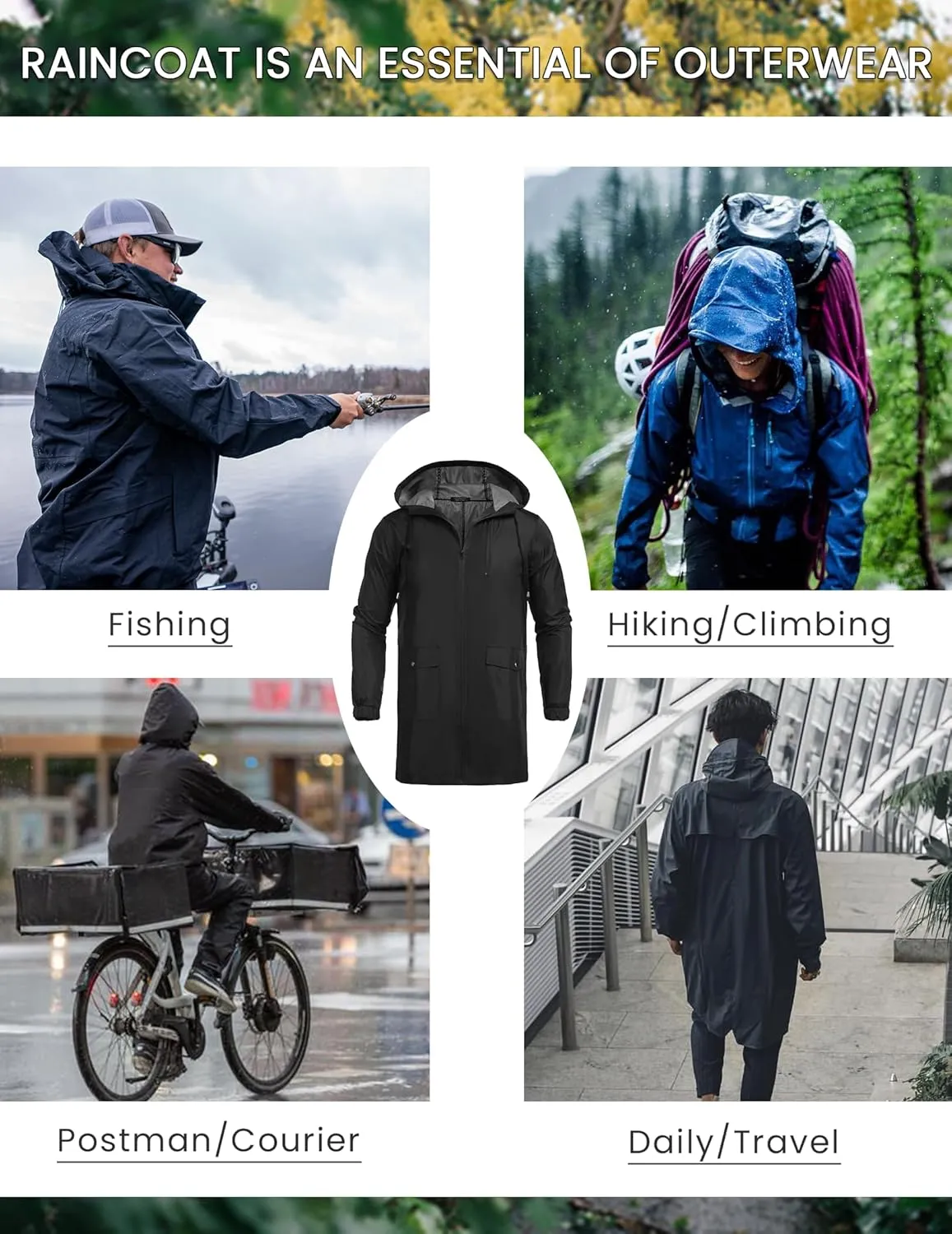COOFANDY Men's Long Raincoat Ligtweight Rain Jacket Waterproof Outdoor Jackets with Hood