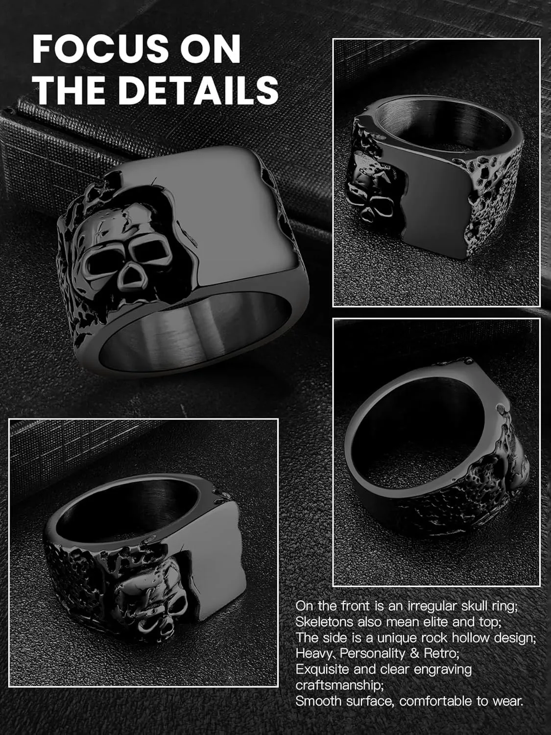 Cool Retro Skull Rings 316L Stainless Steel/18K Gold/Black Gothic Skull Band Rings Faith Jewelry for Men Women, Size7-14 with Gift Box