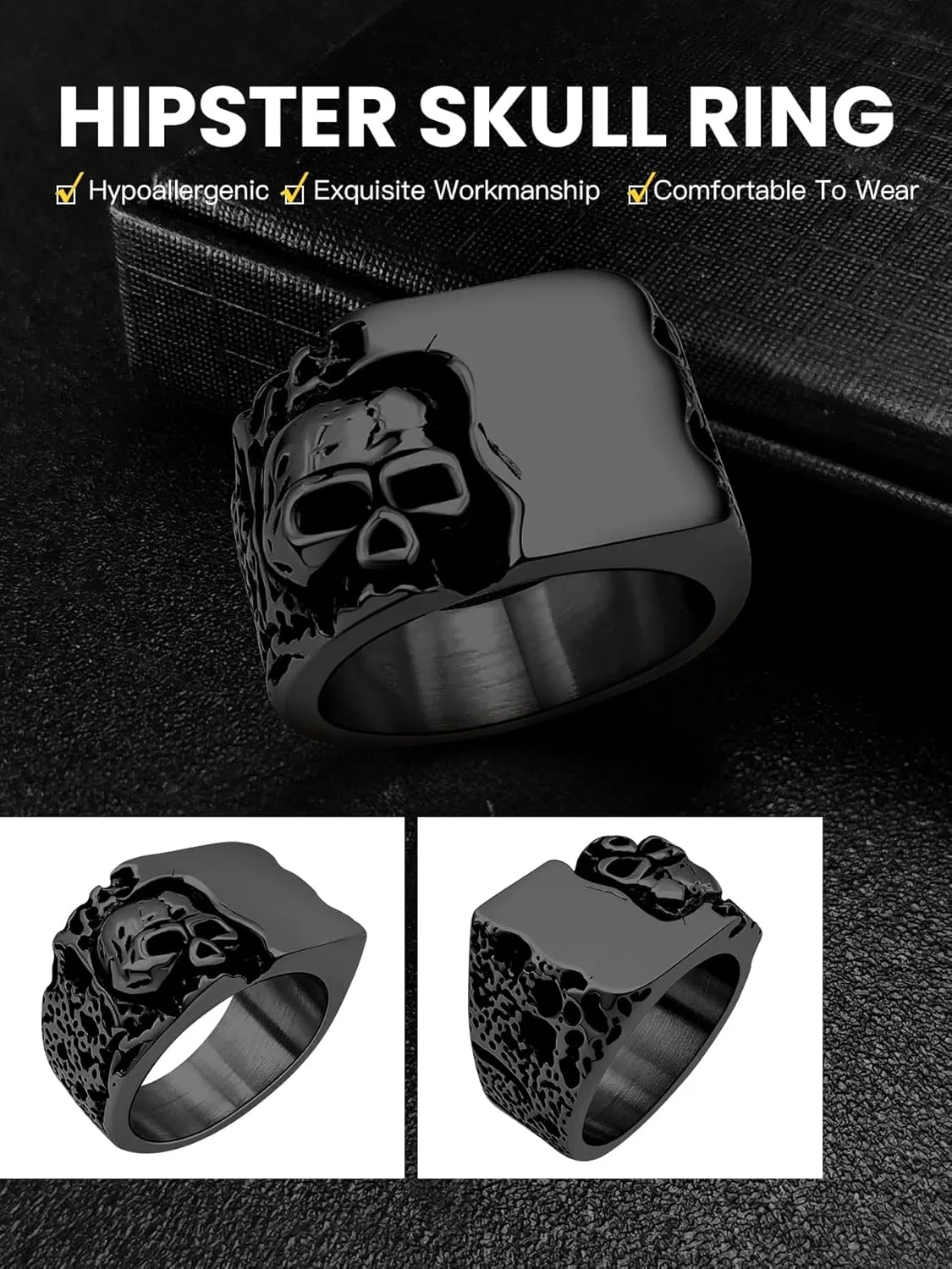 Cool Retro Skull Rings 316L Stainless Steel/18K Gold/Black Gothic Skull Band Rings Faith Jewelry for Men Women, Size7-14 with Gift Box