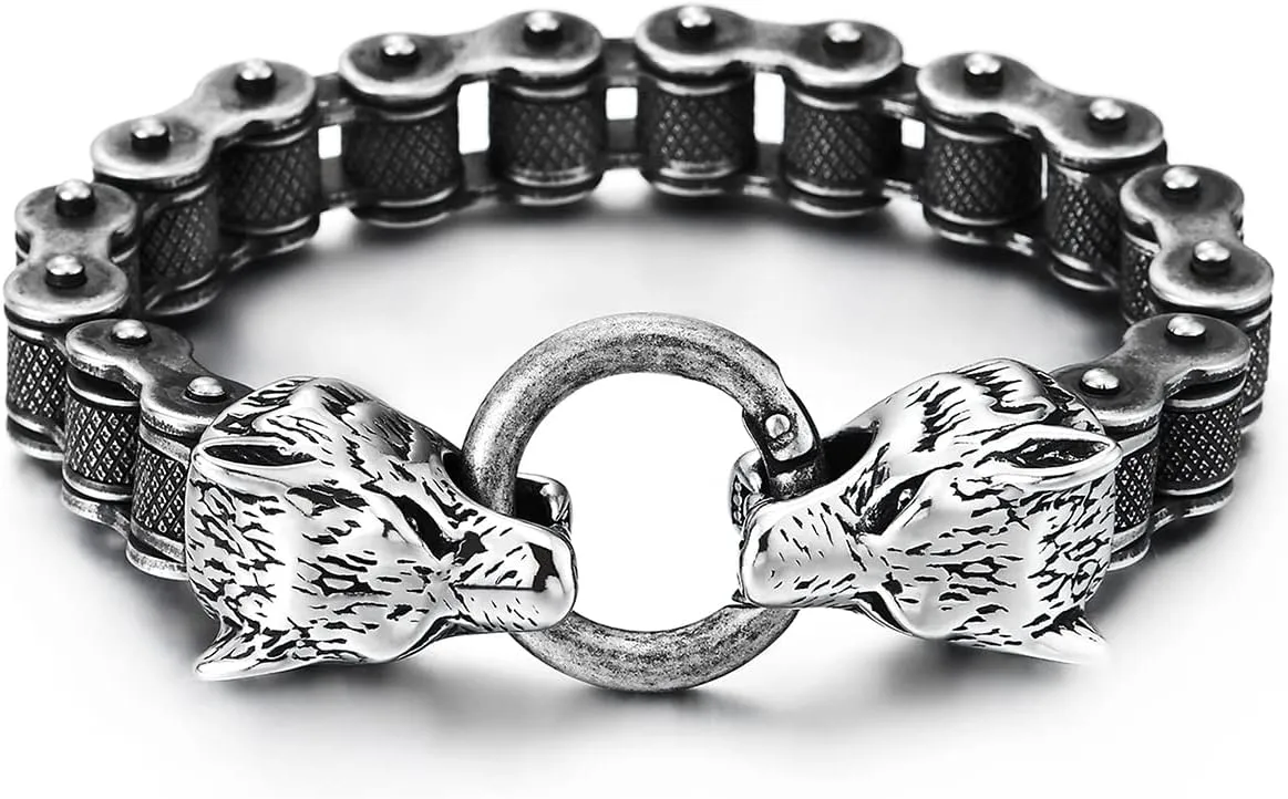 COOLSTEELANDBEYOND Retro Style Mens Steel Wolf Heads Checkered Diamond Pattern Bike Chain Bracelet, Spring Ring Clasp