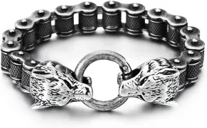 COOLSTEELANDBEYOND Retro Style Mens Steel Wolf Heads Checkered Diamond Pattern Bike Chain Bracelet, Spring Ring Clasp