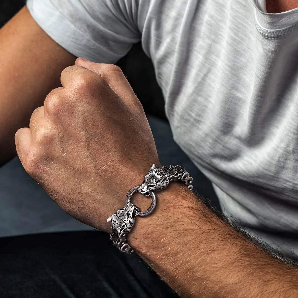 COOLSTEELANDBEYOND Retro Style Mens Steel Wolf Heads Checkered Diamond Pattern Bike Chain Bracelet, Spring Ring Clasp