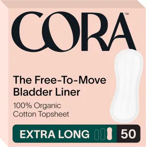 Cora Ultra Thin Organic Bladder Liners | Incontinence & Postpartum Pads for Women | Panty Liners for Bladder Leaks | Breathable Cotton (50 Extra Long)