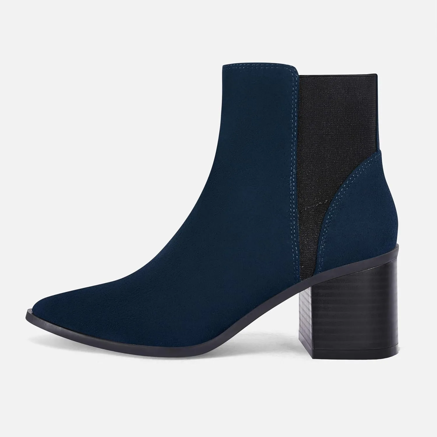 Coutgo Womens Pointed Toe Ankle Boots Elastic Chunky Block Stacked Mid Heel Slip On Chelsea Booties