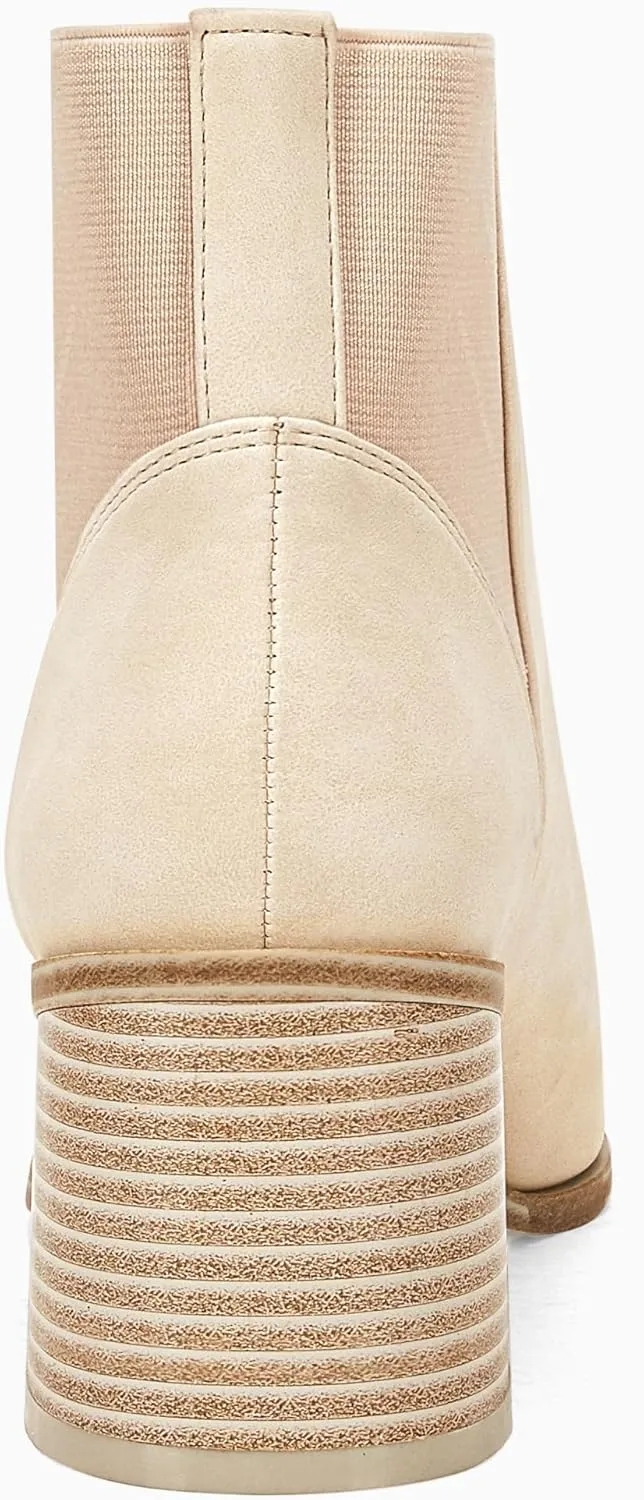 Coutgo Womens Pointed Toe Ankle Boots Elastic Chunky Block Stacked Mid Heel Slip On Chelsea Booties