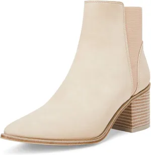 Coutgo Womens Pointed Toe Ankle Boots Elastic Chunky Block Stacked Mid Heel Slip On Chelsea Booties