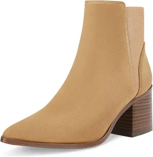 Coutgo Womens Pointed Toe Ankle Boots Elastic Chunky Block Stacked Mid Heel Slip On Chelsea Booties