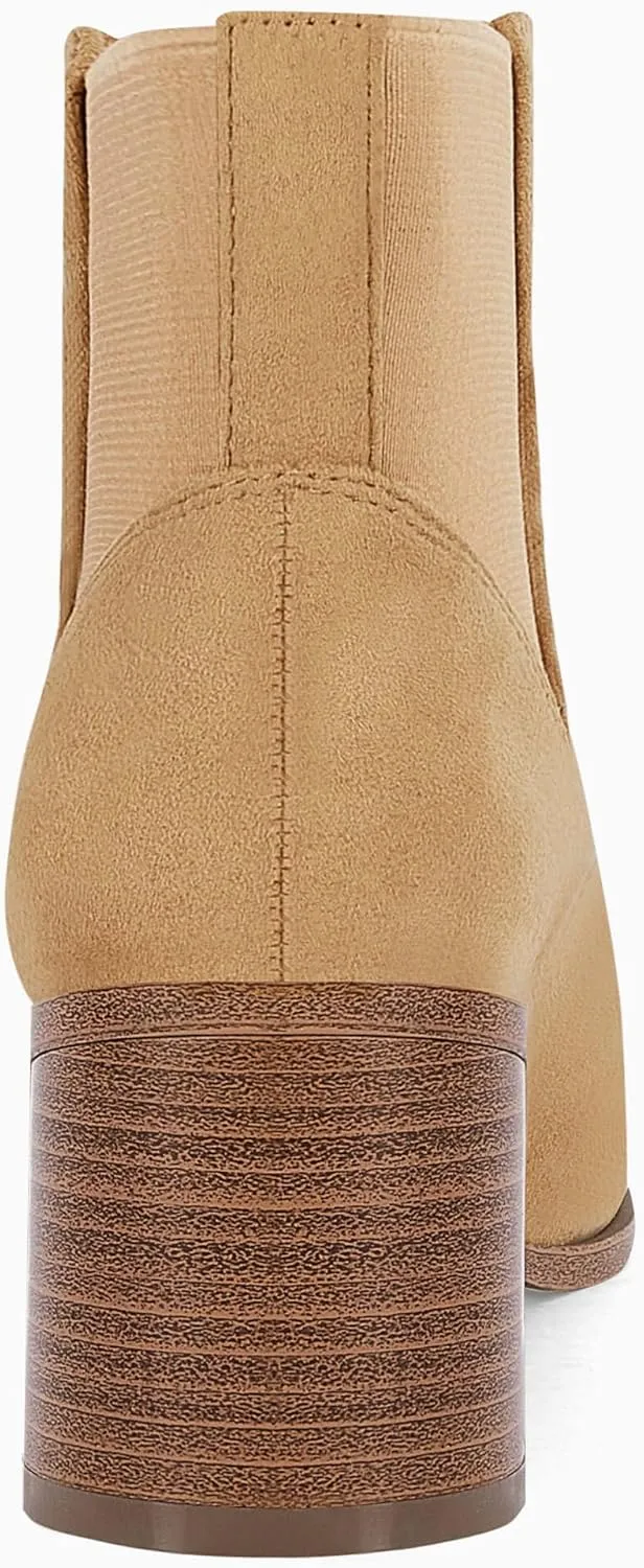 Coutgo Womens Pointed Toe Ankle Boots Elastic Chunky Block Stacked Mid Heel Slip On Chelsea Booties