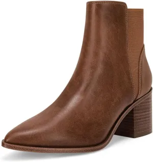 Coutgo Womens Pointed Toe Ankle Boots Elastic Chunky Block Stacked Mid Heel Slip On Chelsea Booties