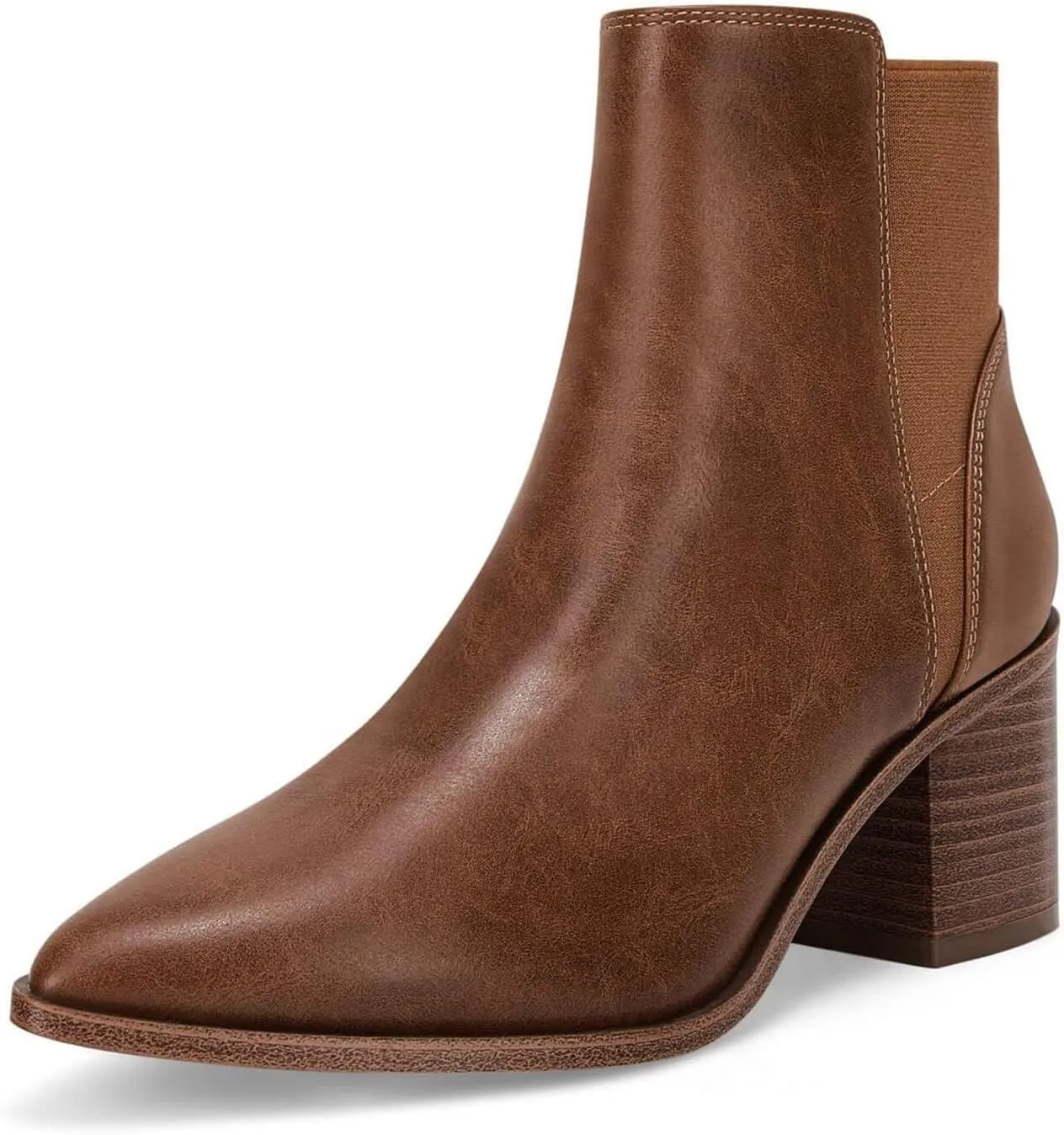 Coutgo Womens Pointed Toe Ankle Boots Elastic Chunky Block Stacked Mid Heel Slip On Chelsea Booties