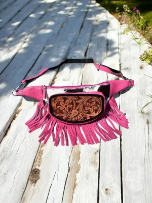 Cowhide & Tooled Leather Pink Fringe Fanny Pack