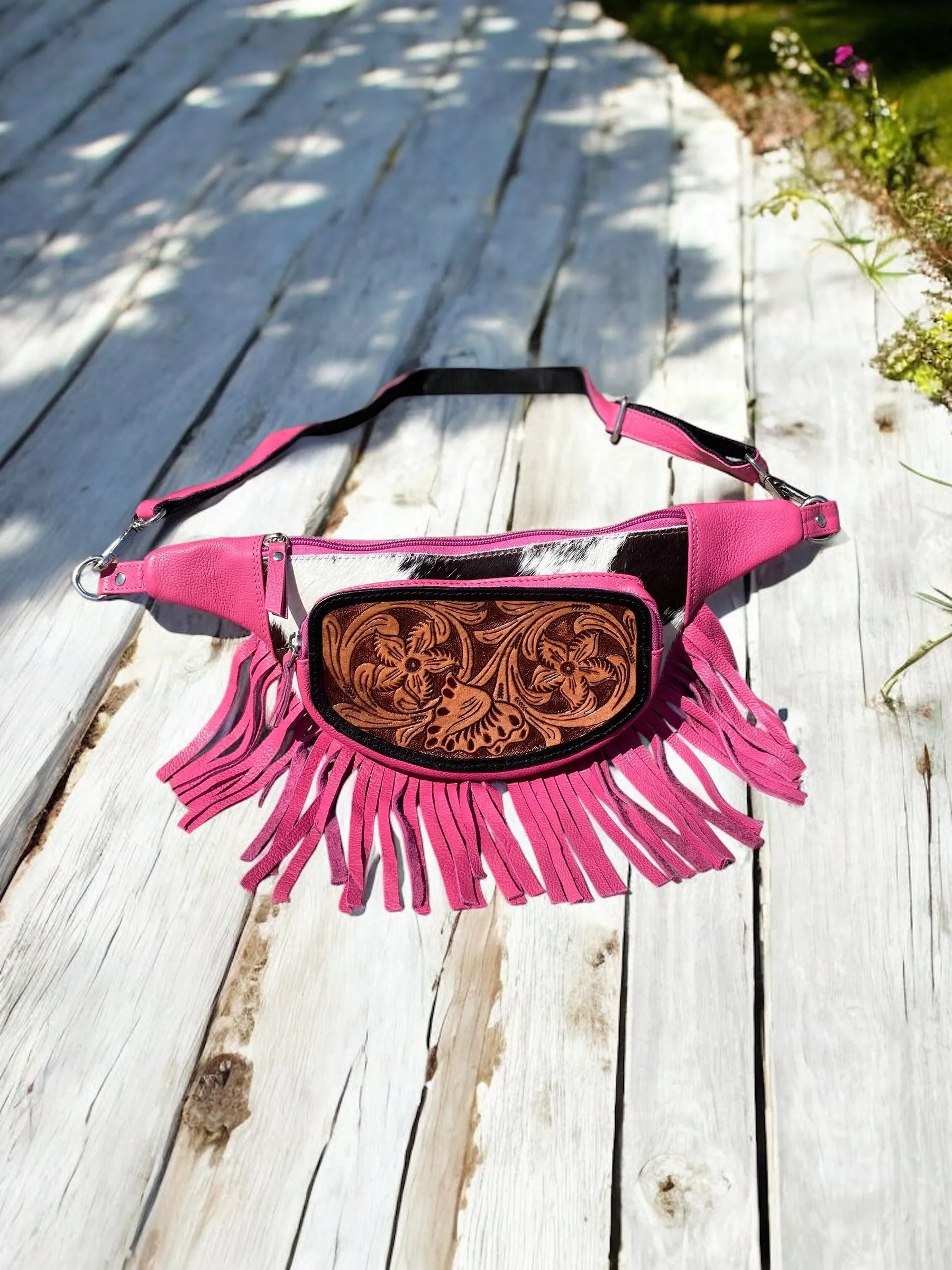 Cowhide & Tooled Leather Pink Fringe Fanny Pack