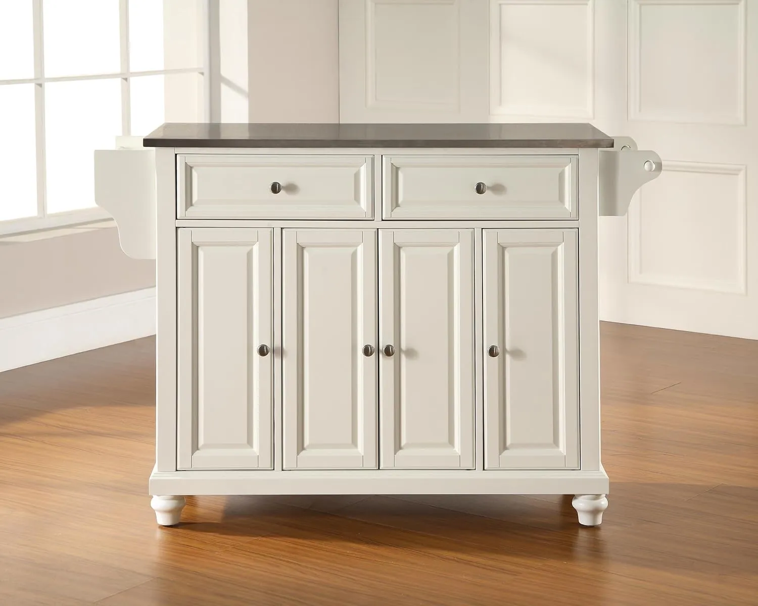 Crosley Furniture Cambridge Stainless Steel Top Rolling Kitchen Island Storage Cart, Spice Rack, White