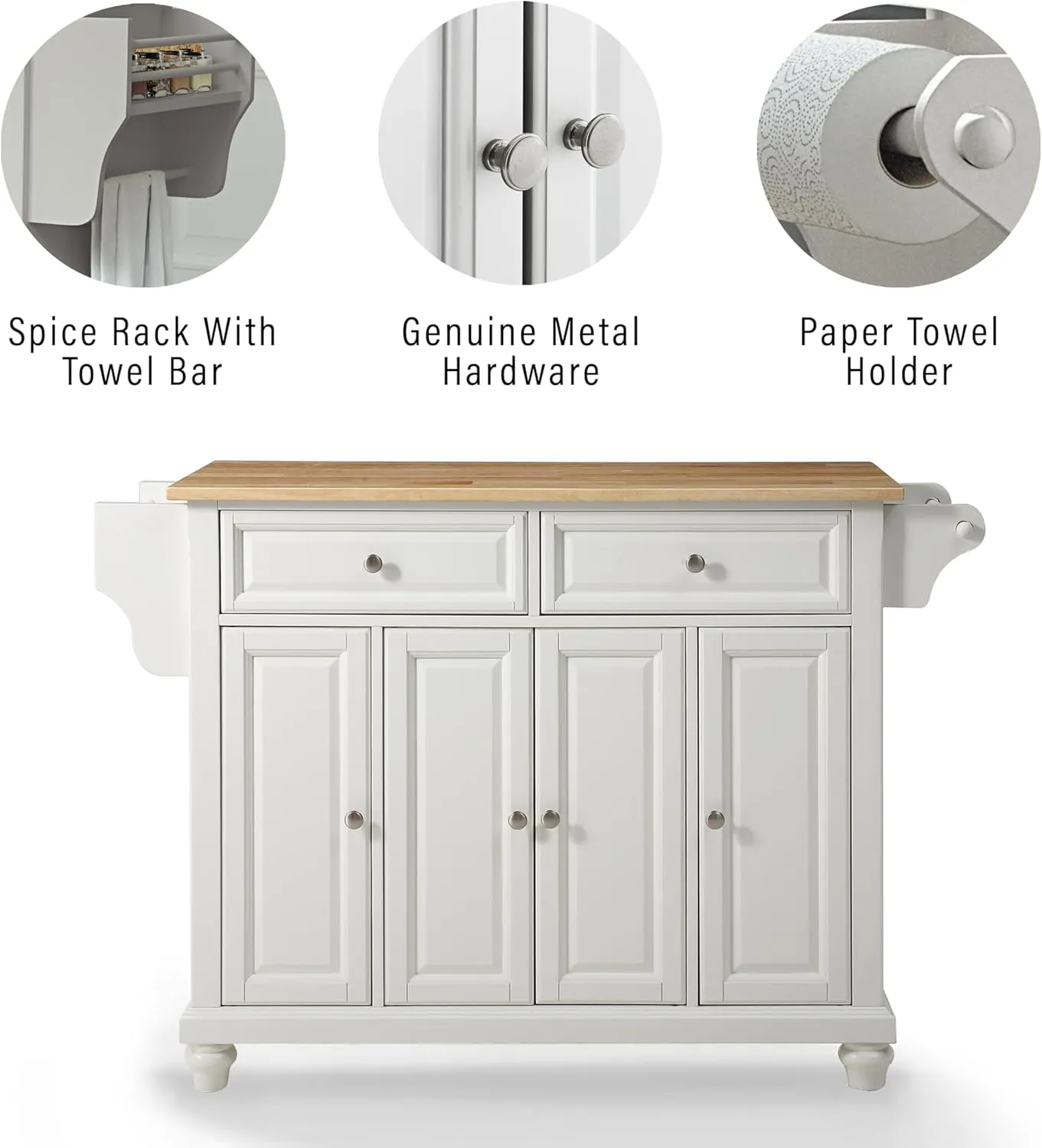 Crosley Furniture Cambridge Stainless Steel Top Rolling Kitchen Island Storage Cart, Spice Rack, White