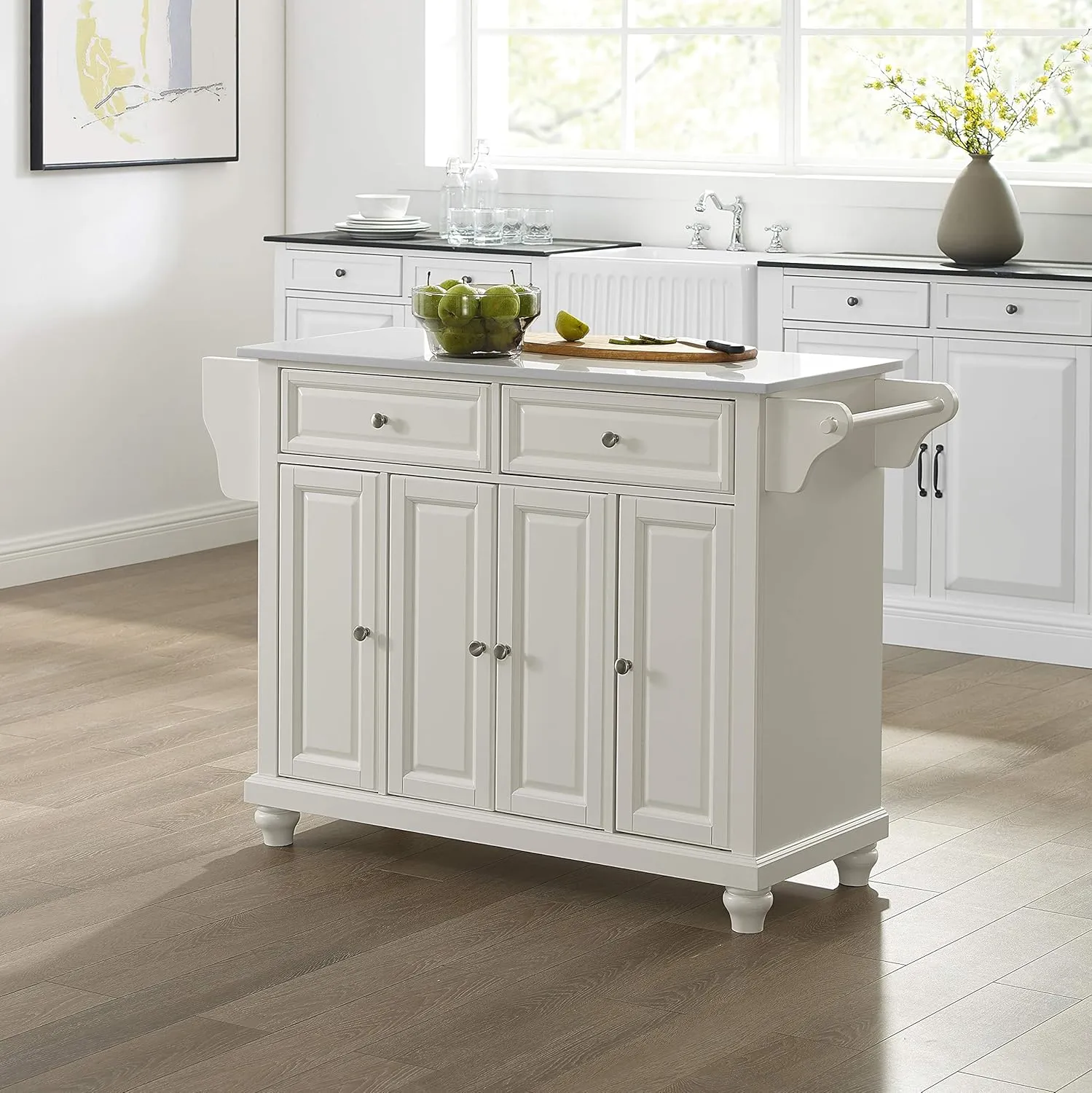 Crosley Furniture Cambridge Stone Top Rolling Kitchen Island Storage Cart, Microwave Stand, Spice Rack, White