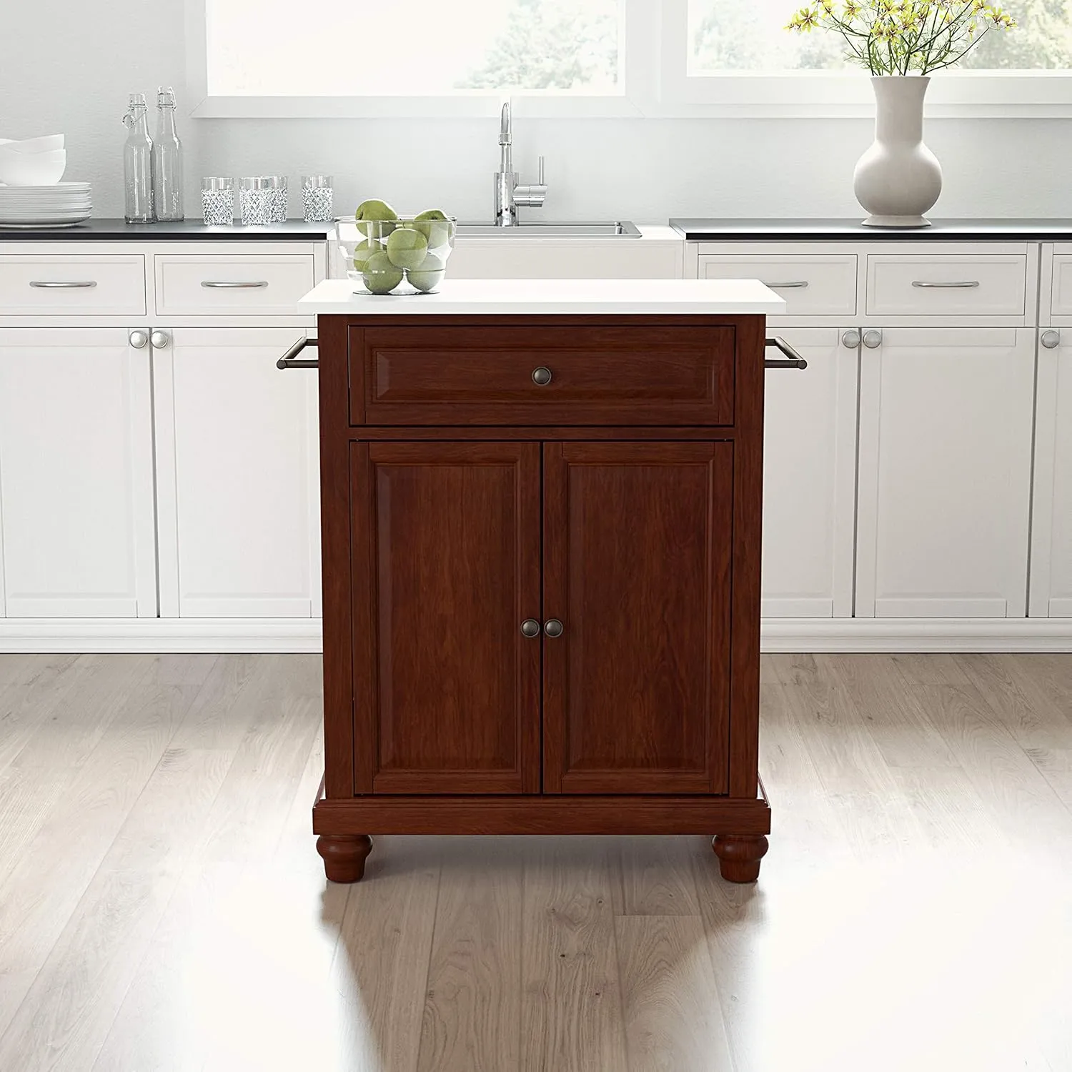 Crosley Furniture Cambridge Stone Top Small Portable Rolling Kitchen Island Storage Cart, Microwave Stand, Mahogany