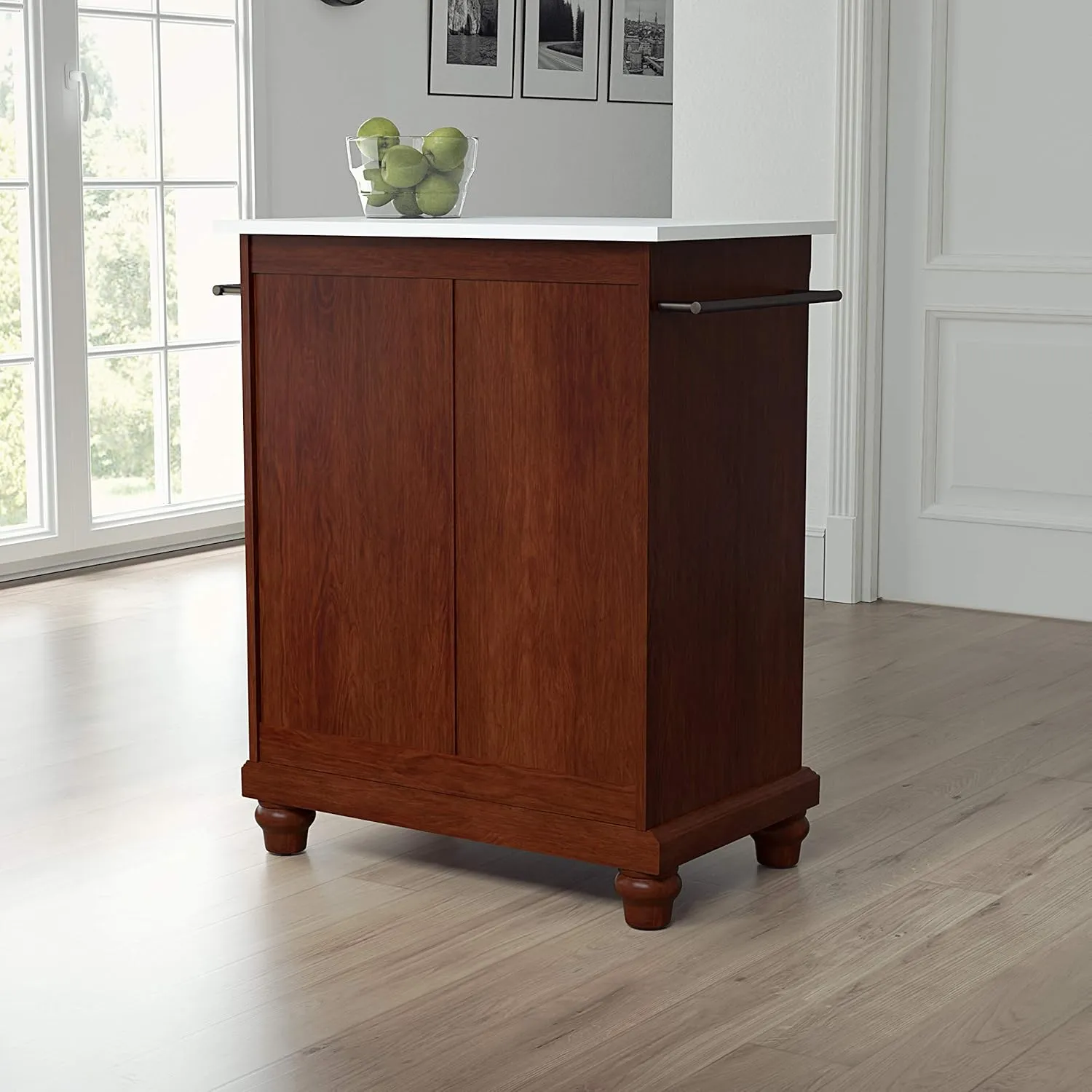 Crosley Furniture Cambridge Stone Top Small Portable Rolling Kitchen Island Storage Cart, Microwave Stand, Mahogany