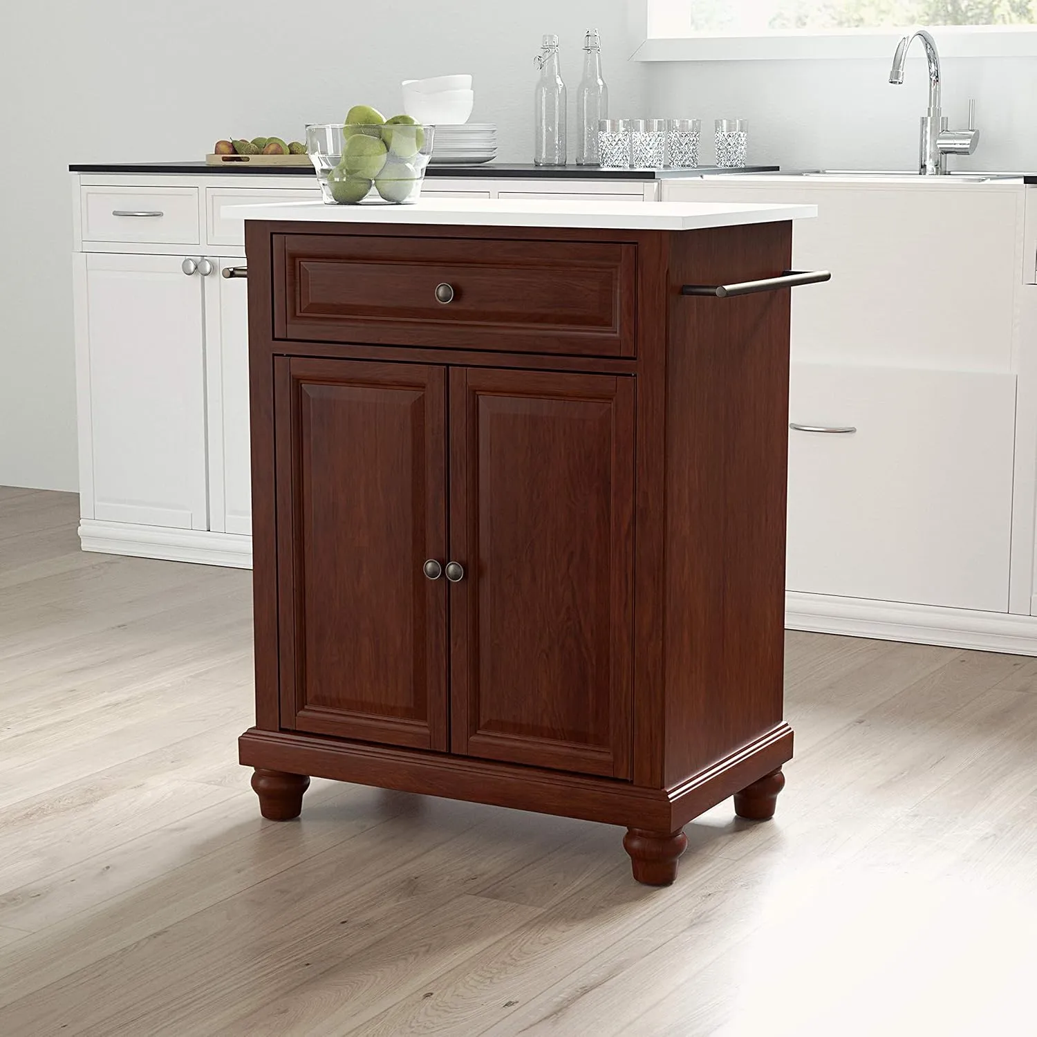Crosley Furniture Cambridge Stone Top Small Portable Rolling Kitchen Island Storage Cart, Microwave Stand, Mahogany