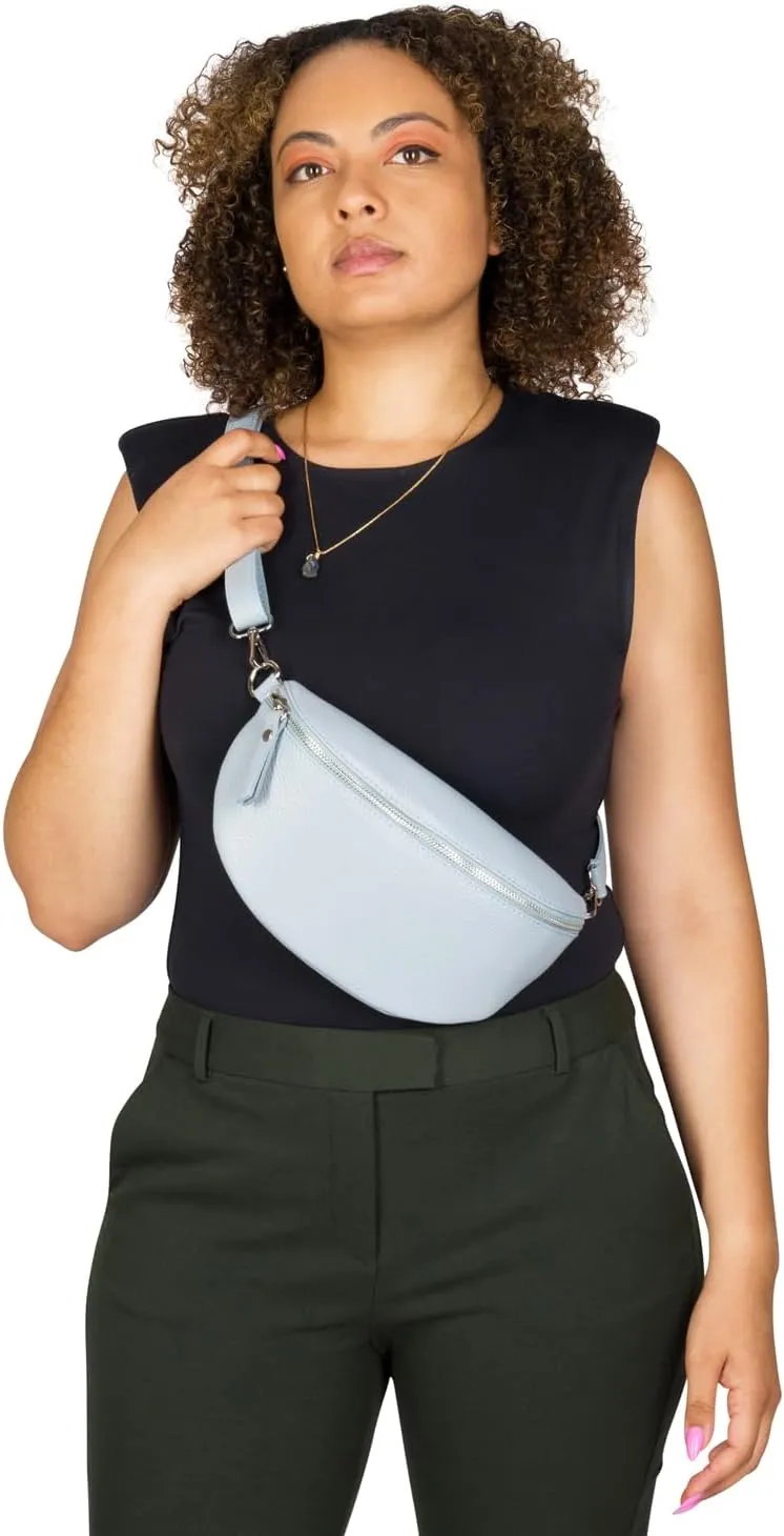 Crossbody Bag - Genuine Leather - Fanny Pack - Shoulder Sling Bag - Made in Italy, Sold in U.S. by Idalia (Icy Blue, Large)