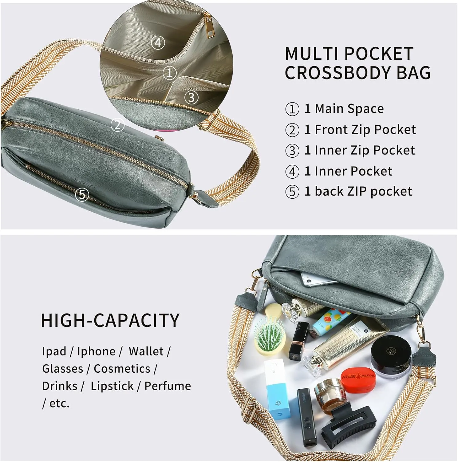 Crossbody Bags for Women, Fashion Large Size Vegan Leather Purse Shoulder Handbag with Adjustable Wide Strap